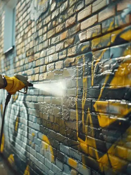 Graffiti removal services, gun with product washing graffiti wall